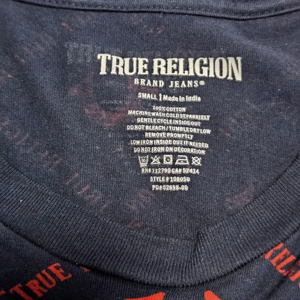 True Religion Mens Navy Blue Red All Over Logo Print T-Shirt 108050 Small NWT